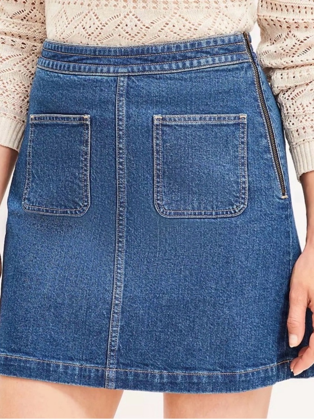 LOFT Cotton Denim Patch-Pocket Mini Skirt with Side Zip
